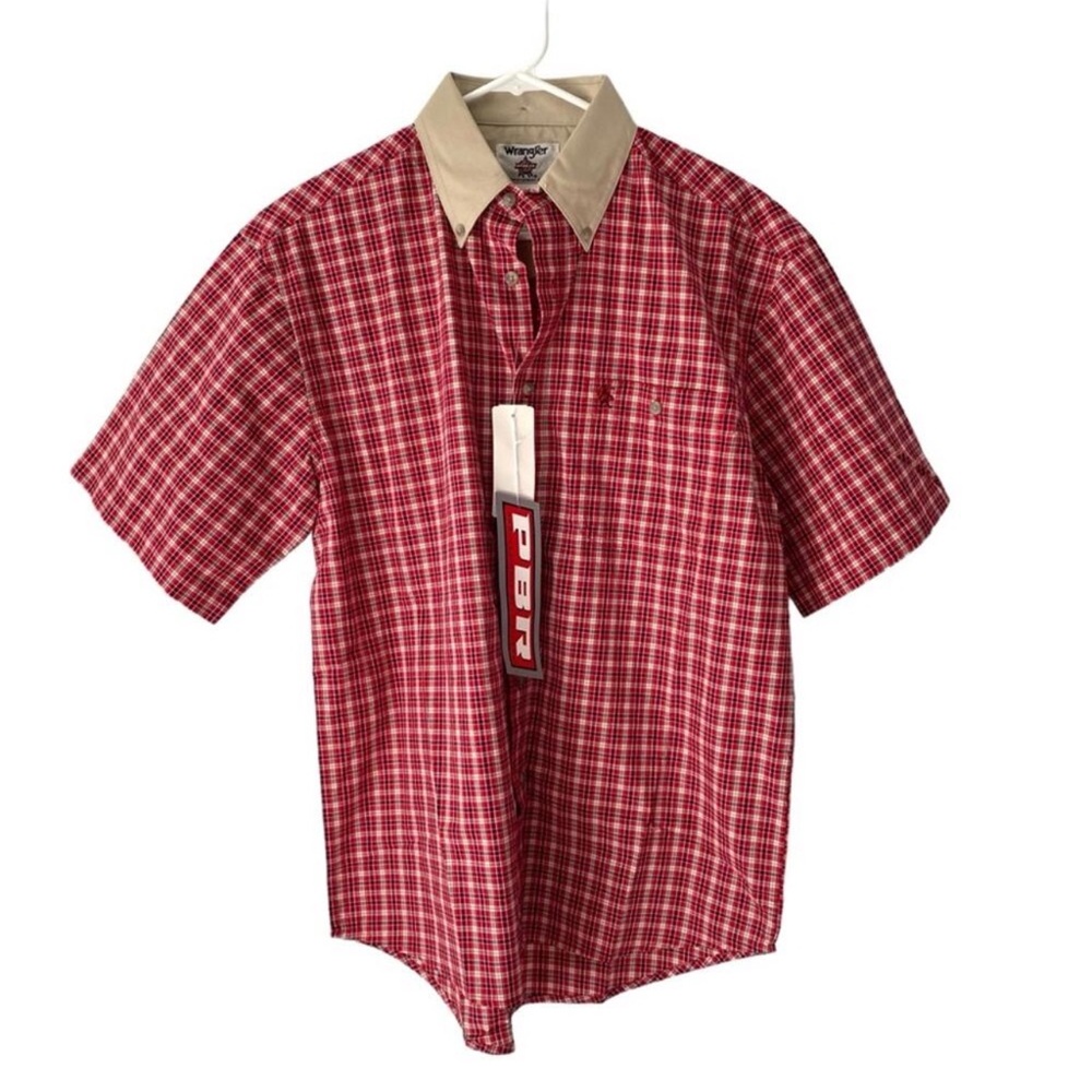 Wrangler PBR NWTs Red Tan Plaid Button Down Short Sleeve Shirt size medium
